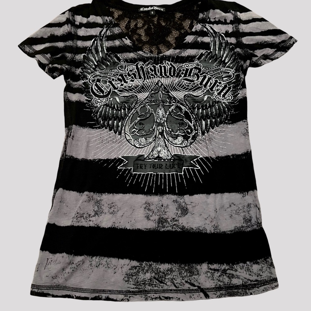 Crash & Burn Black and Grey Lace Back with Rhinestone Accents Top